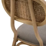 VENTANA Grey Elm Wood Dining Chair with cane oval backrest, cushioned grey fabric seat, and sculpted grey-wash elm wood frame.