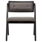 BRUMA Grey and Black Elm Wood Folding Chair with cushioned seat and backrest, modern black elm wood folding chair with grey fabric upholstery, space-saving folding chair with angular frame and soft curved backrest.