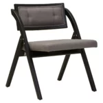 BRUMA Grey and Black Elm Wood Folding Chair with cushioned seat and backrest, modern black elm wood folding chair with grey fabric upholstery, space-saving folding chair with angular frame and soft curved backrest.