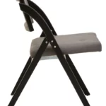 BRUMA Grey and Black Elm Wood Folding Chair with cushioned seat and backrest, modern black elm wood folding chair with grey fabric upholstery, space-saving folding chair with angular frame and soft curved backrest.