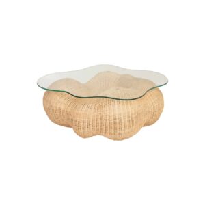 CLOUD Rattan Coffee Table with hand-woven rattan base and curved tempered glass top – sculptural coffee table 107 x 80 x 42 cm in natural finish.