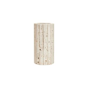 Alt text: TIBBOR Travertine Ribbed Vase in natural limestone with ribbed design and earthy veining, sculptural travertine vase for modern and classic interiors.