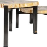 ONO Petrified Wood Set of 3 Tables featuring organic slab fossil tops and dark nickel steel legs – timeless, hand-finished accent tables 50–65 cm wide.