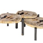 ONO Petrified Wood Set of 3 Tables featuring organic slab fossil tops and dark nickel steel legs – timeless, hand-finished accent tables 50–65 cm wide.