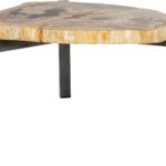 ONO Petrified Wood Set of 3 Tables featuring organic slab fossil tops and dark nickel steel legs – timeless, hand-finished accent tables 50–65 cm wide.