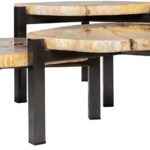 ONO Petrified Wood Set of 3 Tables featuring organic slab fossil tops and dark nickel steel legs – timeless, hand-finished accent tables 50–65 cm wide.