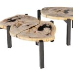 ONO Petrified Wood Set of 3 Tables featuring organic slab fossil tops and dark nickel steel legs – timeless, hand-finished accent tables 50–65 cm wide.