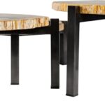 ONO Petrified Wood Set of 3 Tables featuring organic slab fossil tops and dark nickel steel legs – timeless, hand-finished accent tables 50–65 cm wide.