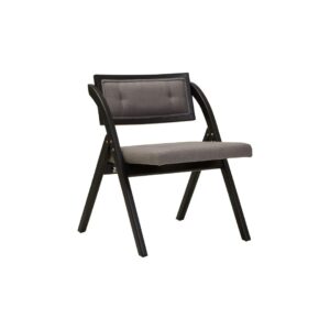 BRUMA Grey and Black Elm Wood Folding Chair with cushioned seat and backrest, modern black elm wood folding chair with grey fabric upholstery, space-saving folding chair with angular frame and soft curved backrest.
