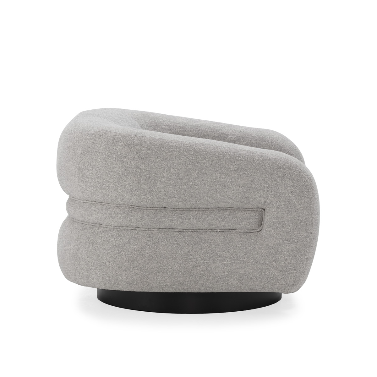 IVAN Birch Wood & Grey Fabric Armchair – modern curved armchair with grey fabric upholstery and birch wood frame.