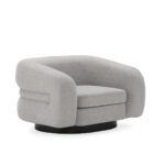 IVAN Birch Wood & Grey Fabric Armchair – modern curved armchair with grey fabric upholstery and birch wood frame.