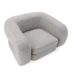 IVAN Birch Wood & Grey Fabric Armchair – modern curved armchair with grey fabric upholstery and birch wood frame.