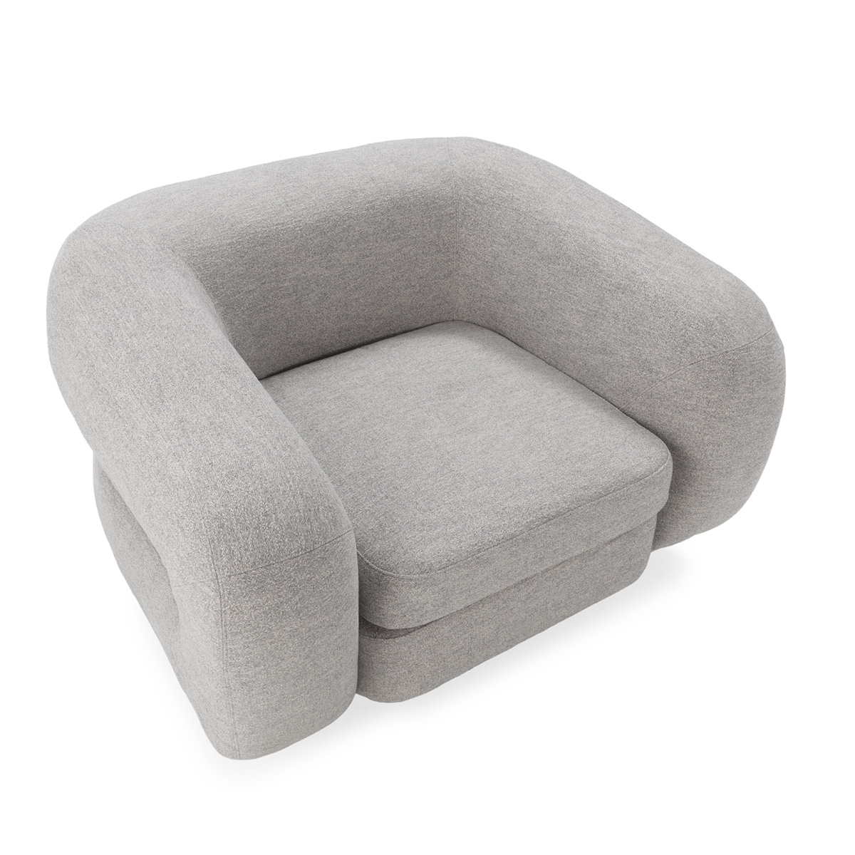 IVAN Birch Wood & Grey Fabric Armchair – modern curved armchair with grey fabric upholstery and birch wood frame.