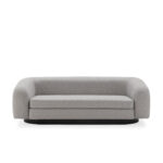 IVAN Birch Wood & Grey Fabric Three-Seat Sofa – modern curved three-seat sofa with grey fabric upholstery and birch wood frame.