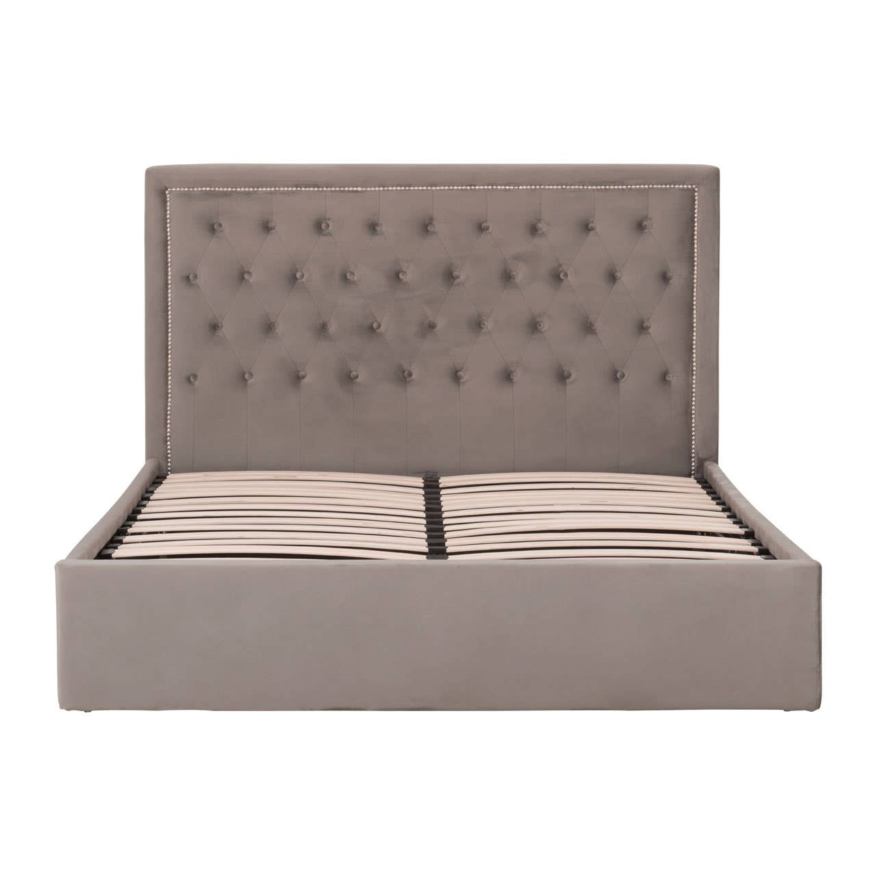 VELAR Grey Ottoman Kingsize Bed with plush velvet upholstery, button-tufted headboard, stud detailing, and integrated ottoman storage base.