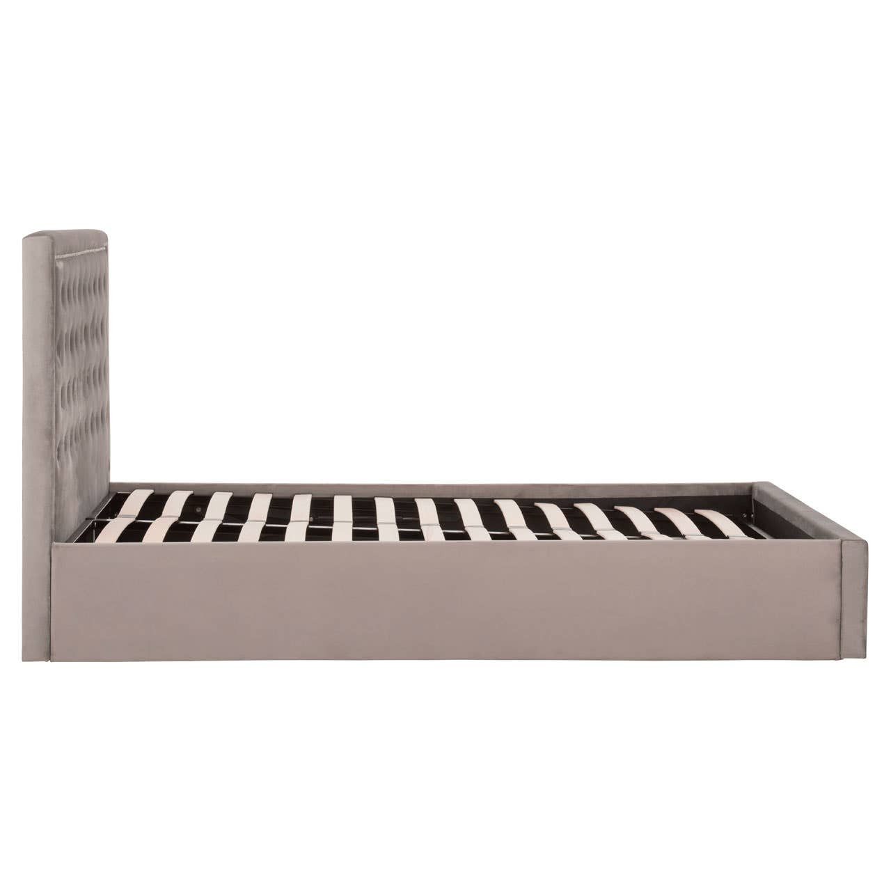 VELAR Grey Ottoman Kingsize Bed with plush velvet upholstery, button-tufted headboard, stud detailing, and integrated ottoman storage base.