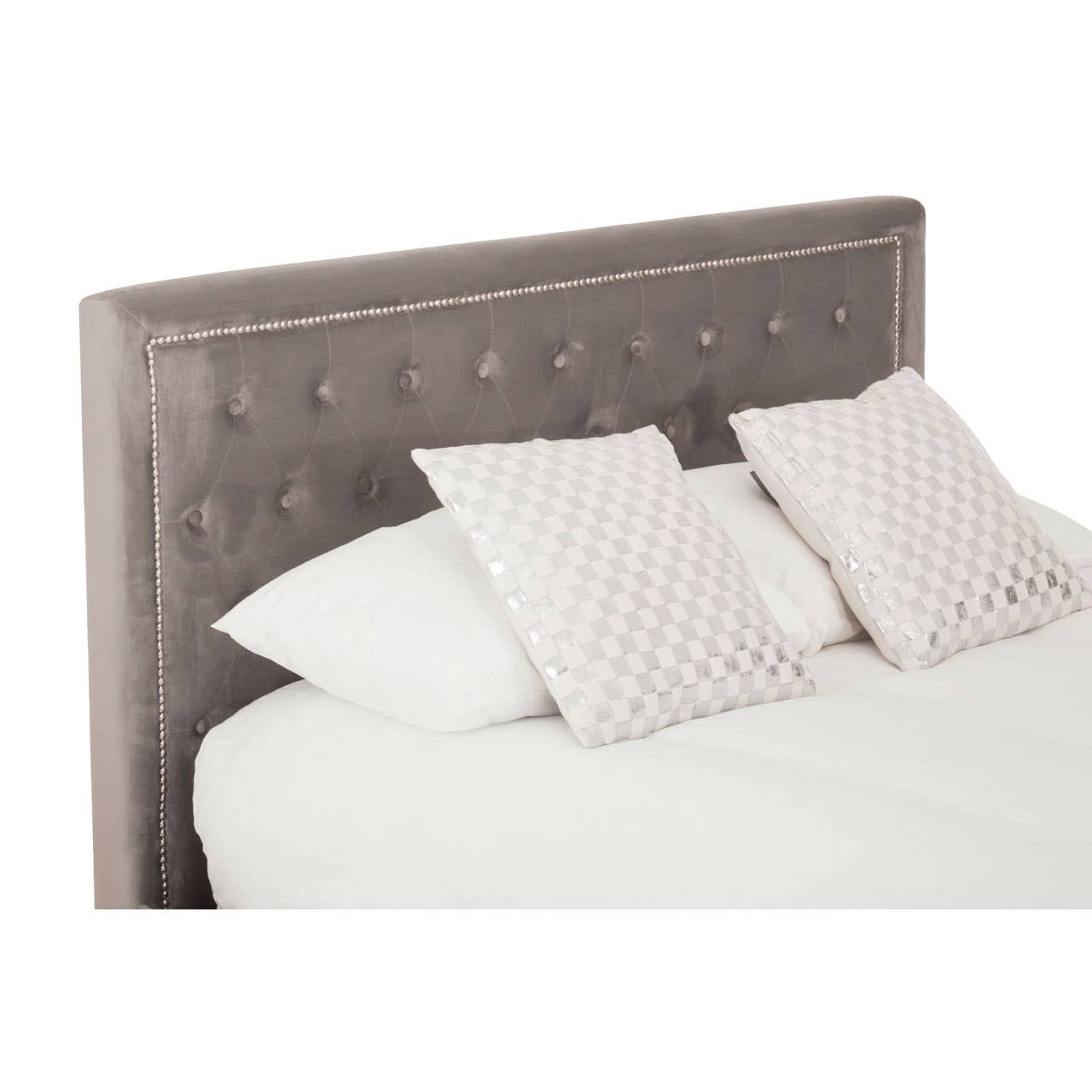 VELAR Grey Ottoman Kingsize Bed with plush velvet upholstery, button-tufted headboard, stud detailing, and integrated ottoman storage base.