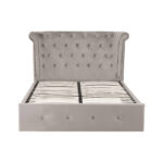 ELLI Grey Ottoman Double Bed with brushed velvet upholstery, diamond-tufted wingback headboard, rolled top, and ottoman storage base.