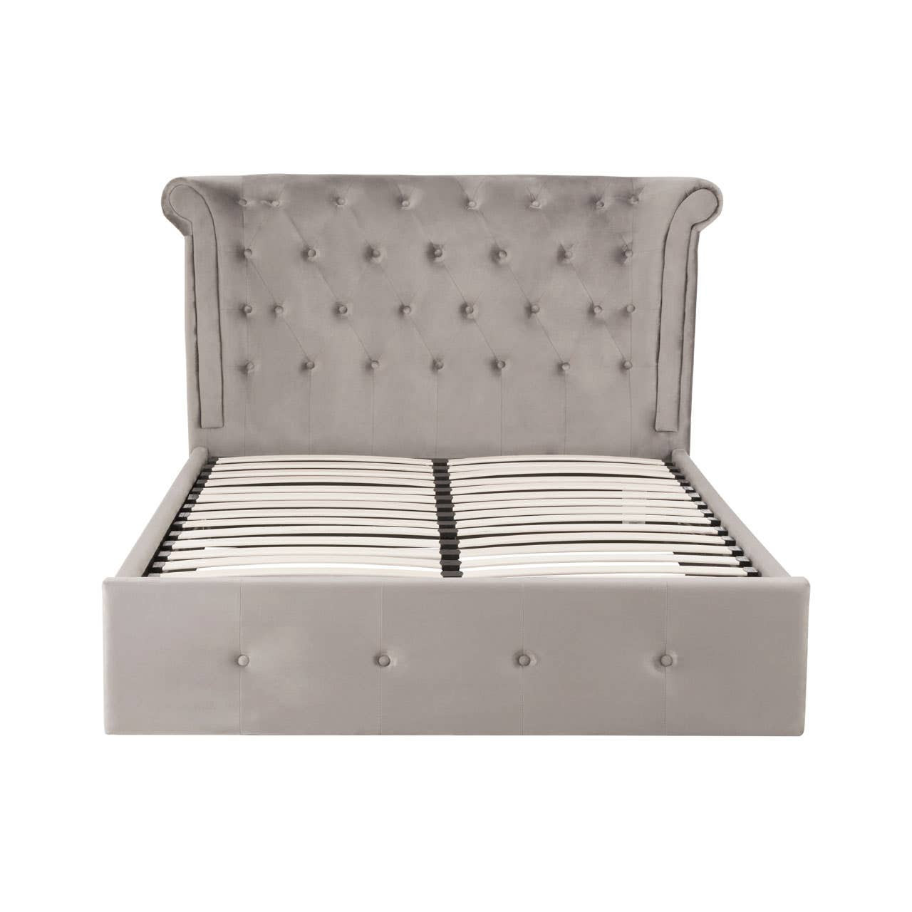 ELLI Grey Ottoman Double Bed with brushed velvet upholstery, diamond-tufted wingback headboard, rolled top, and ottoman storage base.