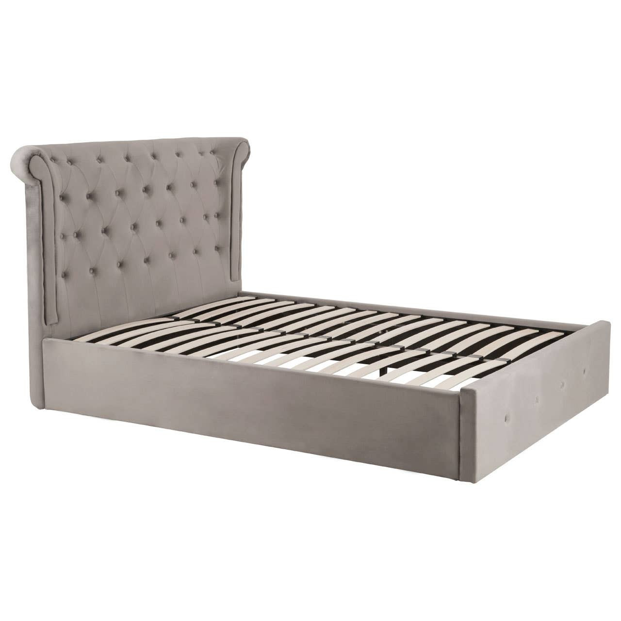 ELLI Grey Ottoman Double Bed with brushed velvet upholstery, diamond-tufted wingback headboard, rolled top, and ottoman storage base.