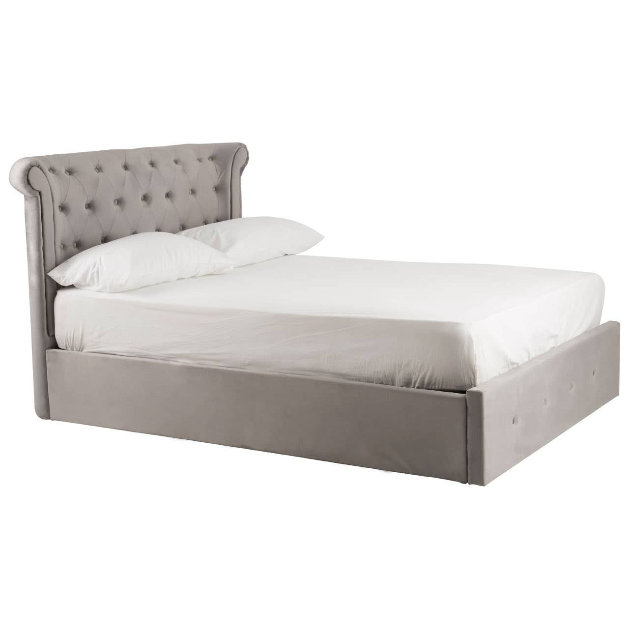 ELLI Grey Ottoman Double Bed with brushed velvet upholstery, diamond-tufted wingback headboard, rolled top, and ottoman storage base.