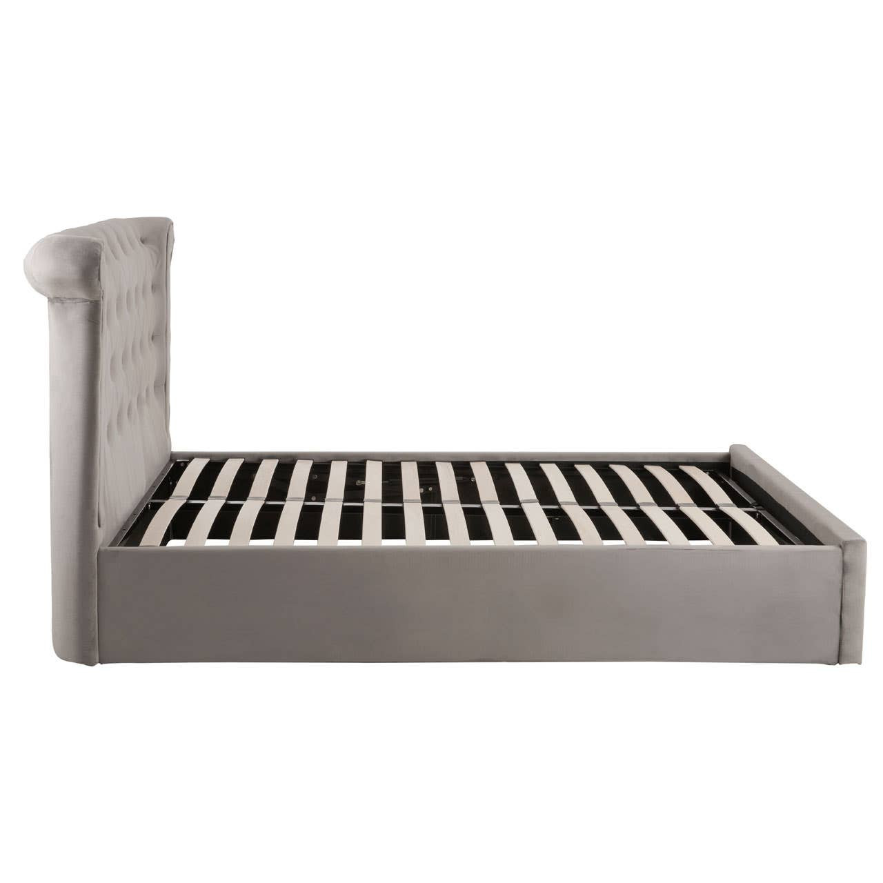 ELLI Grey Ottoman Double Bed with brushed velvet upholstery, diamond-tufted wingback headboard, rolled top, and ottoman storage base.