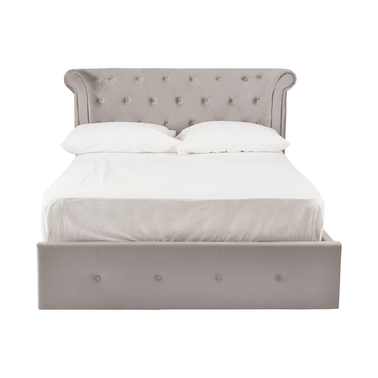 ELLI Grey Ottoman Double Bed with brushed velvet upholstery, diamond-tufted wingback headboard, rolled top, and ottoman storage base.