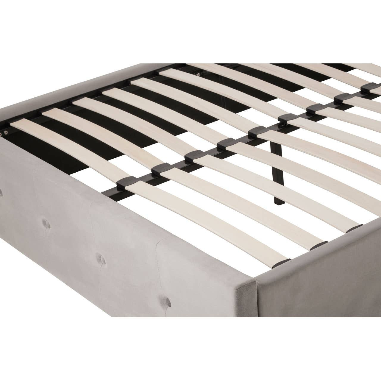 ELLI Grey Ottoman Double Bed with brushed velvet upholstery, diamond-tufted wingback headboard, rolled top, and ottoman storage base.