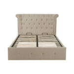 ELLI Beige Ottoman Double Bed with winged headboard, rolled edges, tufted detailing, and muted beige linen upholstery, combining luxe contemporary style with ottoman storage.