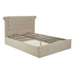 ELLI Beige Ottoman Double Bed with winged headboard, rolled edges, tufted detailing, and muted beige linen upholstery, combining luxe contemporary style with ottoman storage.