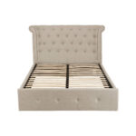 ELLI Grey Ottoman Double Bed with winged rolled-edge headboard, button-tufted panels, and soft light grey linen upholstery, offering classic style and storage functionality.