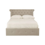 ELLI Grey Ottoman Double Bed with winged rolled-edge headboard, button-tufted panels, and soft light grey linen upholstery, offering classic style and storage functionality.