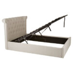 ELLI Grey Ottoman Double Bed with winged rolled-edge headboard, button-tufted panels, and soft light grey linen upholstery, offering classic style and storage functionality.