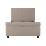 ROMIR Light-Grey Kingsize Ottoman Bed with hopsack fabric upholstery, rolled headboard and footboard, diamond button tufting, and spacious ottoman storage base.