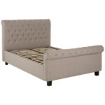 ROMIR Light-Grey Kingsize Ottoman Bed with hopsack fabric upholstery, rolled headboard and footboard, diamond button tufting, and spacious ottoman storage base.