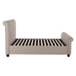 ROMIR Light-Grey Kingsize Ottoman Bed with hopsack fabric upholstery, rolled headboard and footboard, diamond button tufting, and spacious ottoman storage base.