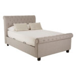 ROMIR Light-Grey Kingsize Ottoman Bed with hopsack fabric upholstery, rolled headboard and footboard, diamond button tufting, and spacious ottoman storage base.