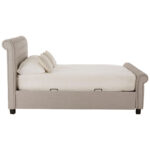 ROMIR Light-Grey Kingsize Ottoman Bed with hopsack fabric upholstery, rolled headboard and footboard, diamond button tufting, and spacious ottoman storage base.