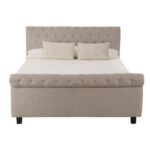 ROMIR Light-Grey Kingsize Ottoman Bed with hopsack fabric upholstery, rolled headboard and footboard, diamond button tufting, and spacious ottoman storage base.