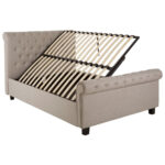ROMIR Light-Grey Kingsize Ottoman Bed with hopsack fabric upholstery, rolled headboard and footboard, diamond button tufting, and spacious ottoman storage base.