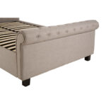 ROMIR Light-Grey Kingsize Ottoman Bed with hopsack fabric upholstery, rolled headboard and footboard, diamond button tufting, and spacious ottoman storage base.