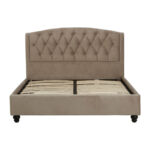 LAYA Mink Double Bed with brushed velvet upholstery, diamond-tufted arched headboard, metallic button detailing, and black orb feet.