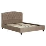 LAYA Mink Double Bed with brushed velvet upholstery, diamond-tufted arched headboard, metallic button detailing, and black orb feet.