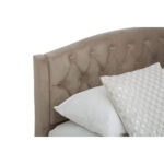LAYA Mink Double Bed with brushed velvet upholstery, diamond-tufted arched headboard, metallic button detailing, and black orb feet.