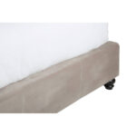 LAYA Mink Double Bed with brushed velvet upholstery, diamond-tufted arched headboard, metallic button detailing, and black orb feet.