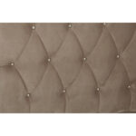 LAYA Mink Double Bed with brushed velvet upholstery, diamond-tufted arched headboard, metallic button detailing, and black orb feet.