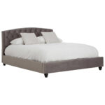 LAYA Grey Kingsize Bed with grey hopsack fabric, arched diamond-tufted headboard, and studded trim for a refined and modern bedroom look.