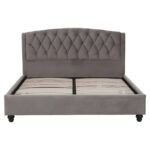 LAYA Grey Kingsize Bed with grey hopsack fabric, arched diamond-tufted headboard, and studded trim for a refined and modern bedroom look.