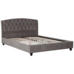 LAYA Grey Kingsize Bed with grey hopsack fabric, arched diamond-tufted headboard, and studded trim for a refined and modern bedroom look.