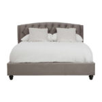 LAYA Grey Kingsize Bed with grey hopsack fabric, arched diamond-tufted headboard, and studded trim for a refined and modern bedroom look.